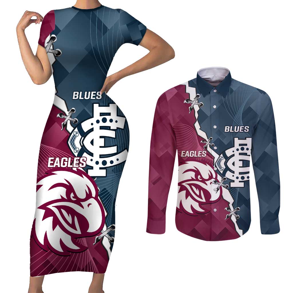 Personalised NRL Eagles and AFL Blues Couples Matching Short Sleeve Bodycon Dress and Long Sleeve Button Shirt Dynamic Style