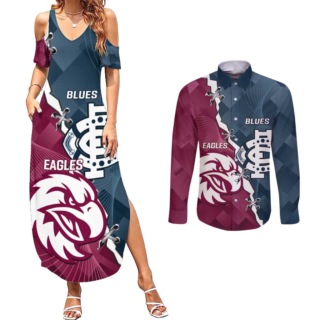 Personalised NRL Eagles and AFL Blues Couples Matching Summer Maxi Dress and Long Sleeve Button Shirt Dynamic Style