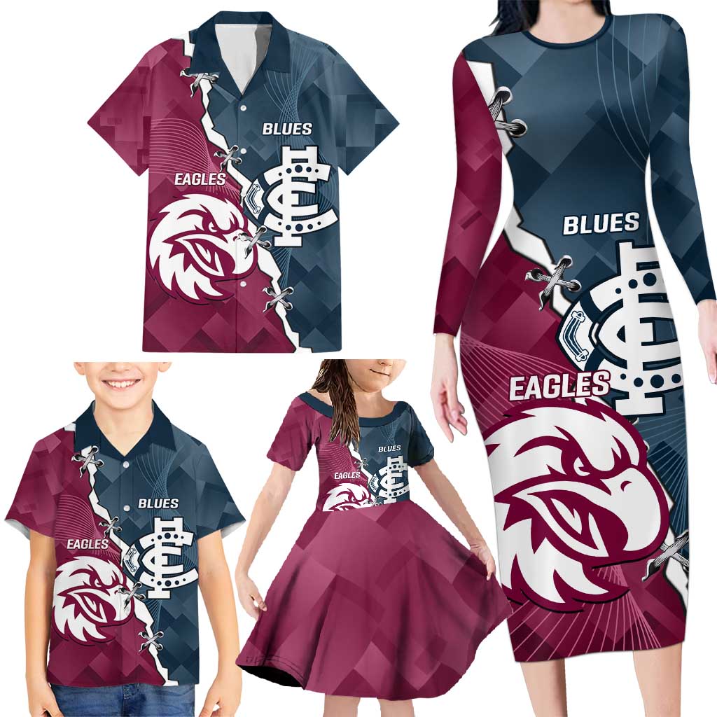 Personalised NRL Eagles and AFL Blues Family Matching Long Sleeve Bodycon Dress and Hawaiian Shirt Dynamic Style
