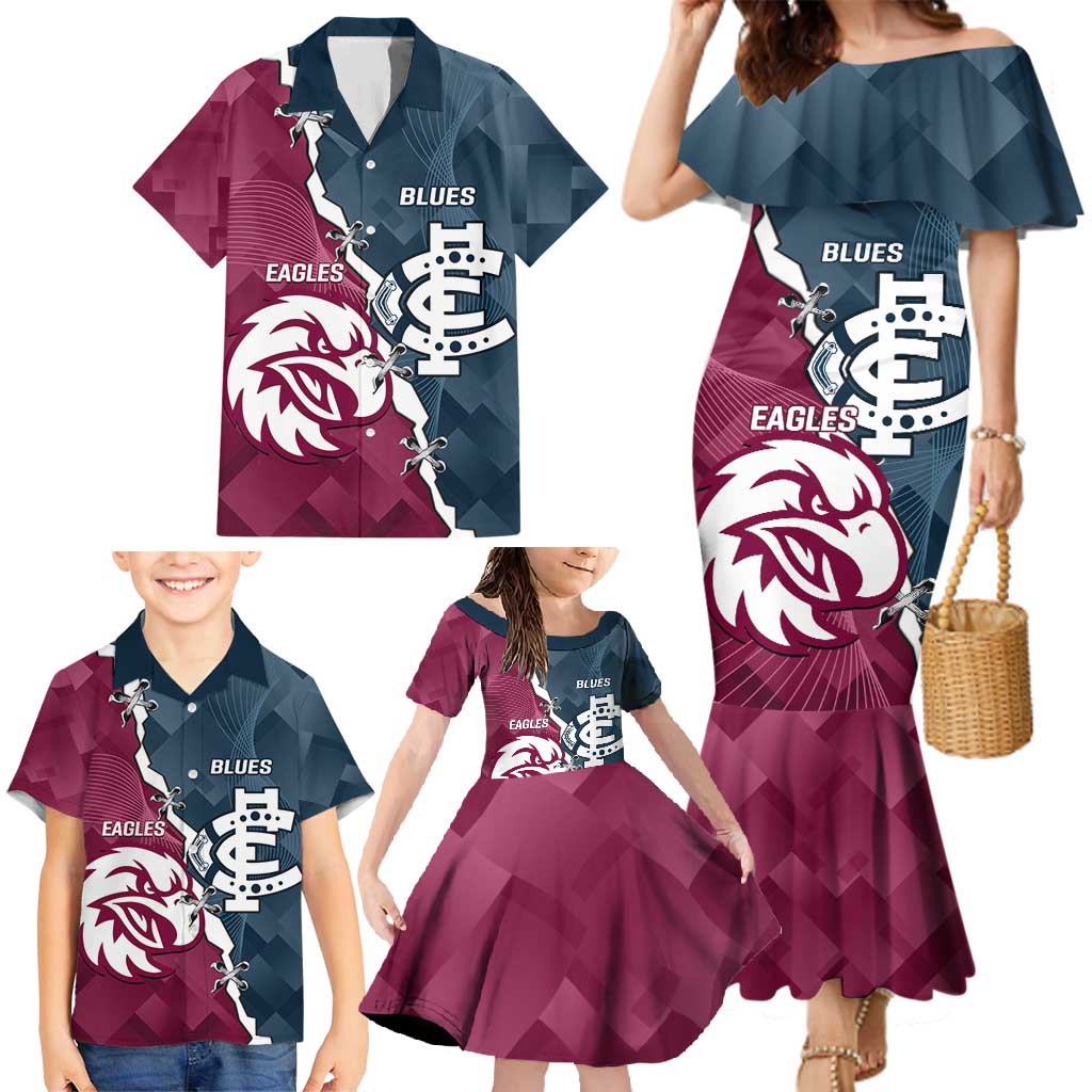 Personalised NRL Eagles and AFL Blues Family Matching Mermaid Dress and Hawaiian Shirt Dynamic Style