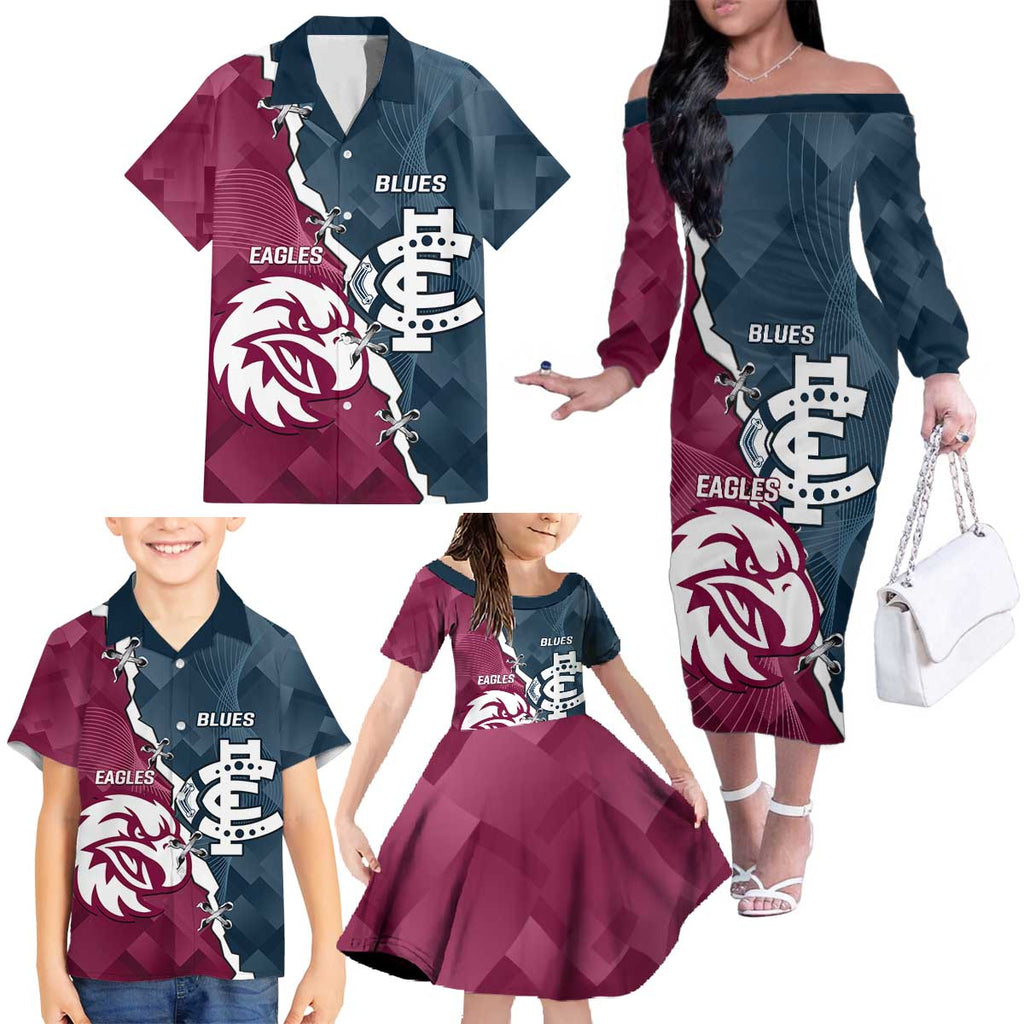 Personalised NRL Eagles and AFL Blues Family Matching Off The Shoulder Long Sleeve Dress and Hawaiian Shirt Dynamic Style