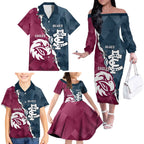 Personalised NRL Eagles and AFL Blues Family Matching Off The Shoulder Long Sleeve Dress and Hawaiian Shirt Dynamic Style