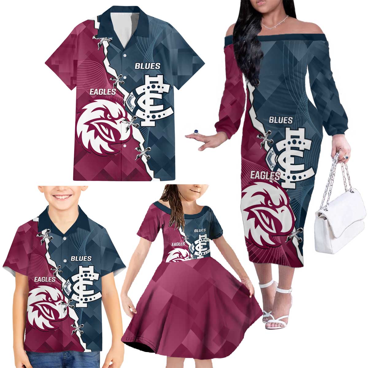 Personalised NRL Eagles and AFL Blues Family Matching Off The Shoulder Long Sleeve Dress and Hawaiian Shirt Dynamic Style