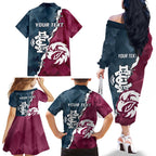 Personalised NRL Eagles and AFL Blues Family Matching Off The Shoulder Long Sleeve Dress and Hawaiian Shirt Dynamic Style
