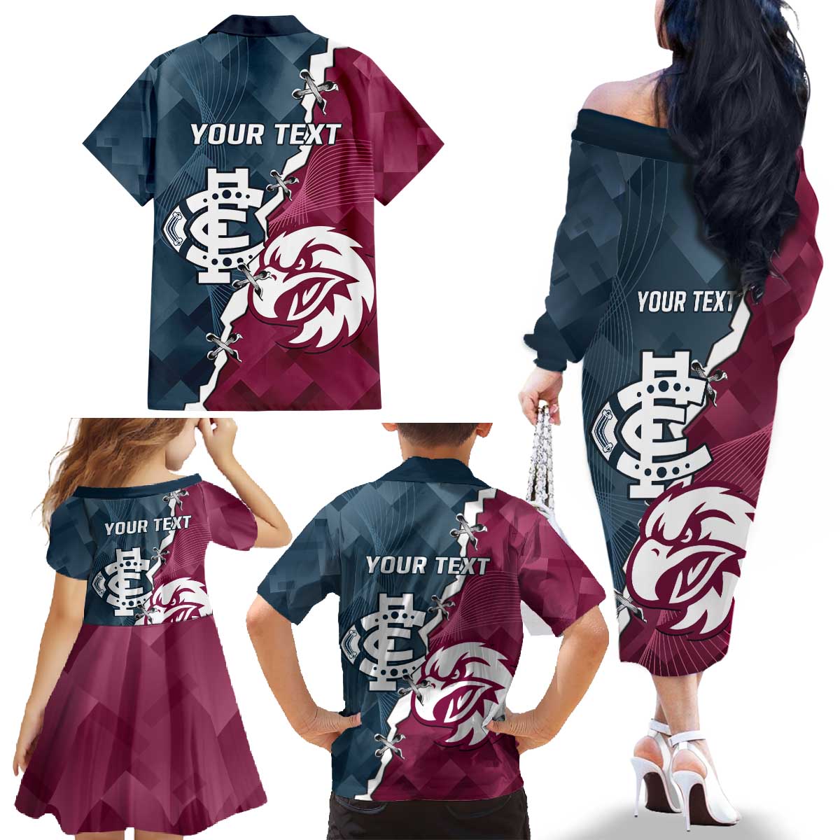 Personalised NRL Eagles and AFL Blues Family Matching Off The Shoulder Long Sleeve Dress and Hawaiian Shirt Dynamic Style