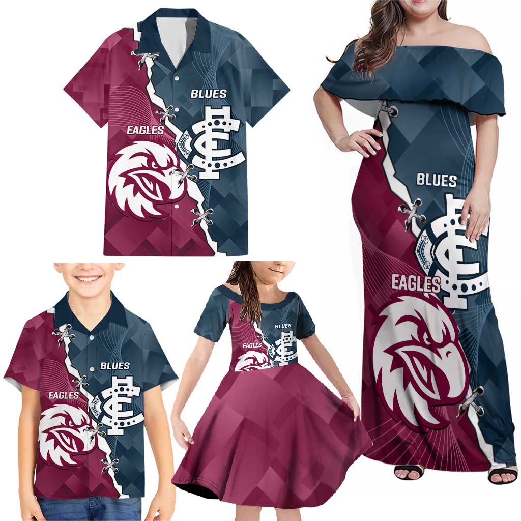 Personalised NRL Eagles and AFL Blues Family Matching Off Shoulder Maxi Dress and Hawaiian Shirt Dynamic Style
