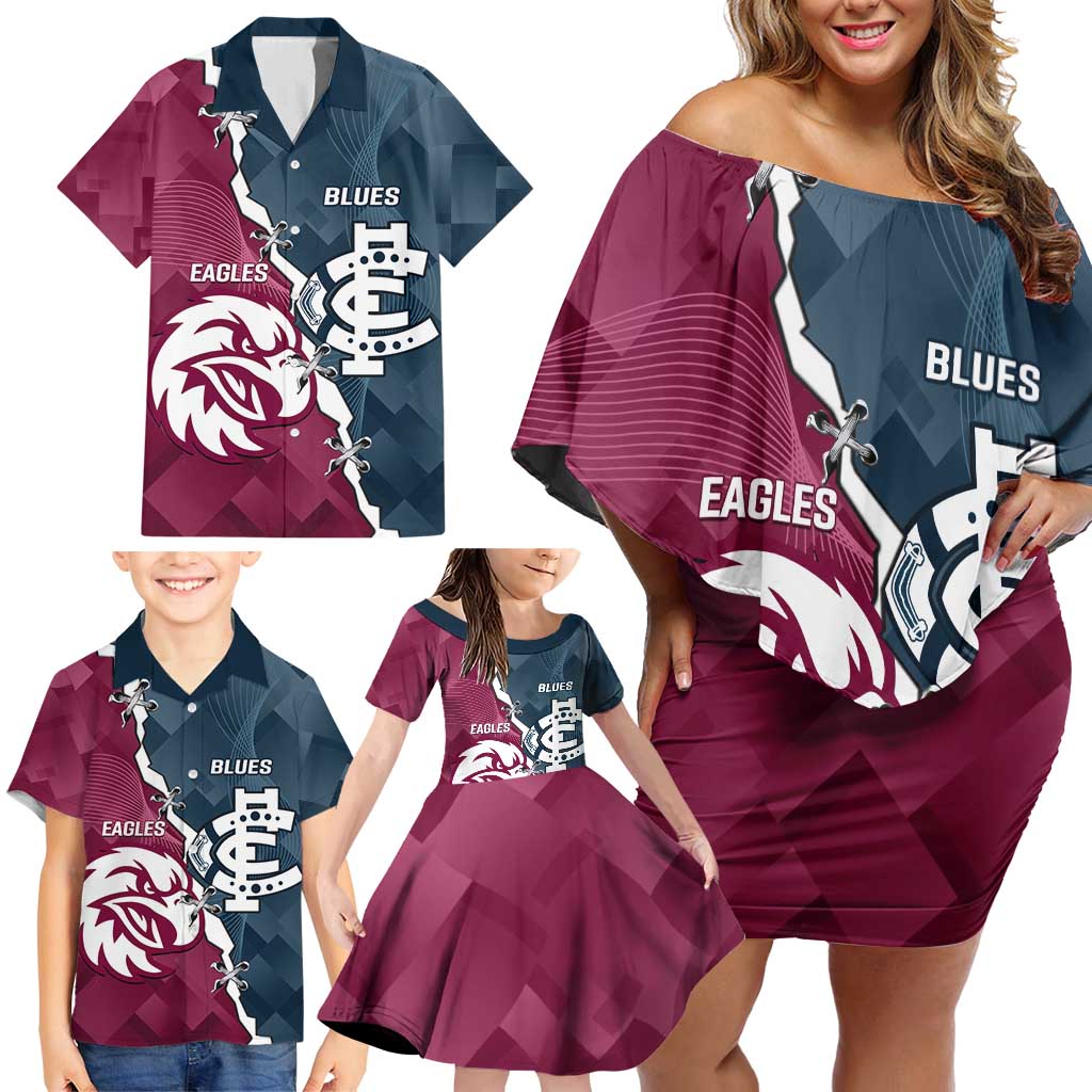 Personalised NRL Eagles and AFL Blues Family Matching Off Shoulder Short Dress and Hawaiian Shirt Dynamic Style