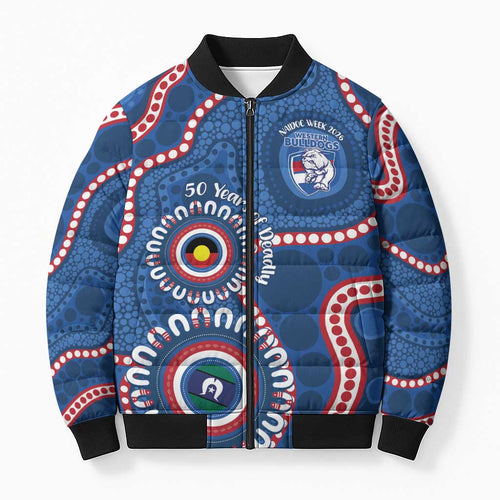 Western Bulldogs NAIDOC 2026 Personalised Bomber Puffer Jacket 50 Years of Deadly Aboriginal Art