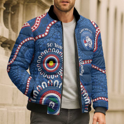 Western Bulldogs NAIDOC 2026 Personalised Bomber Puffer Jacket 50 Years of Deadly Aboriginal Art