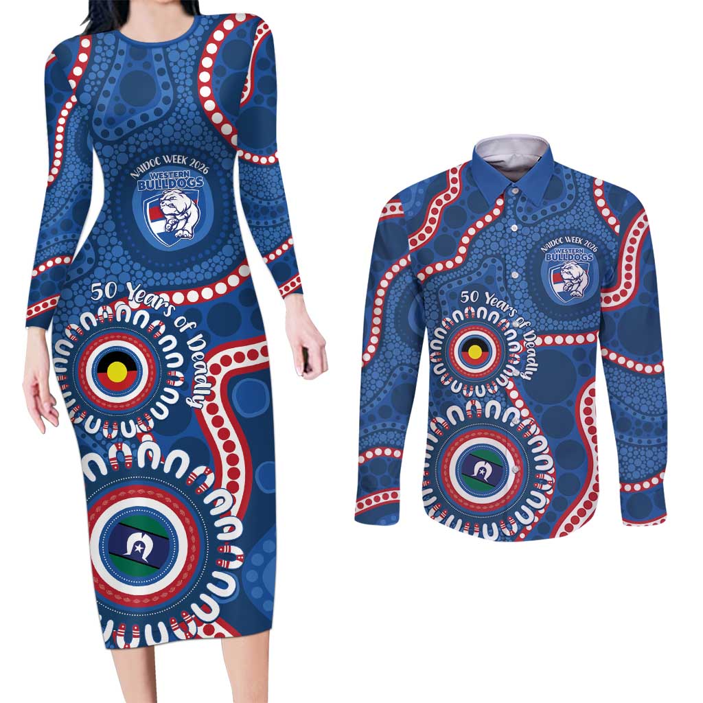 Western Bulldogs NAIDOC 2026 Personalised Couples Matching Long Sleeve Bodycon Dress and Long Sleeve Button Shirt 50 Years of Deadly Aboriginal Art