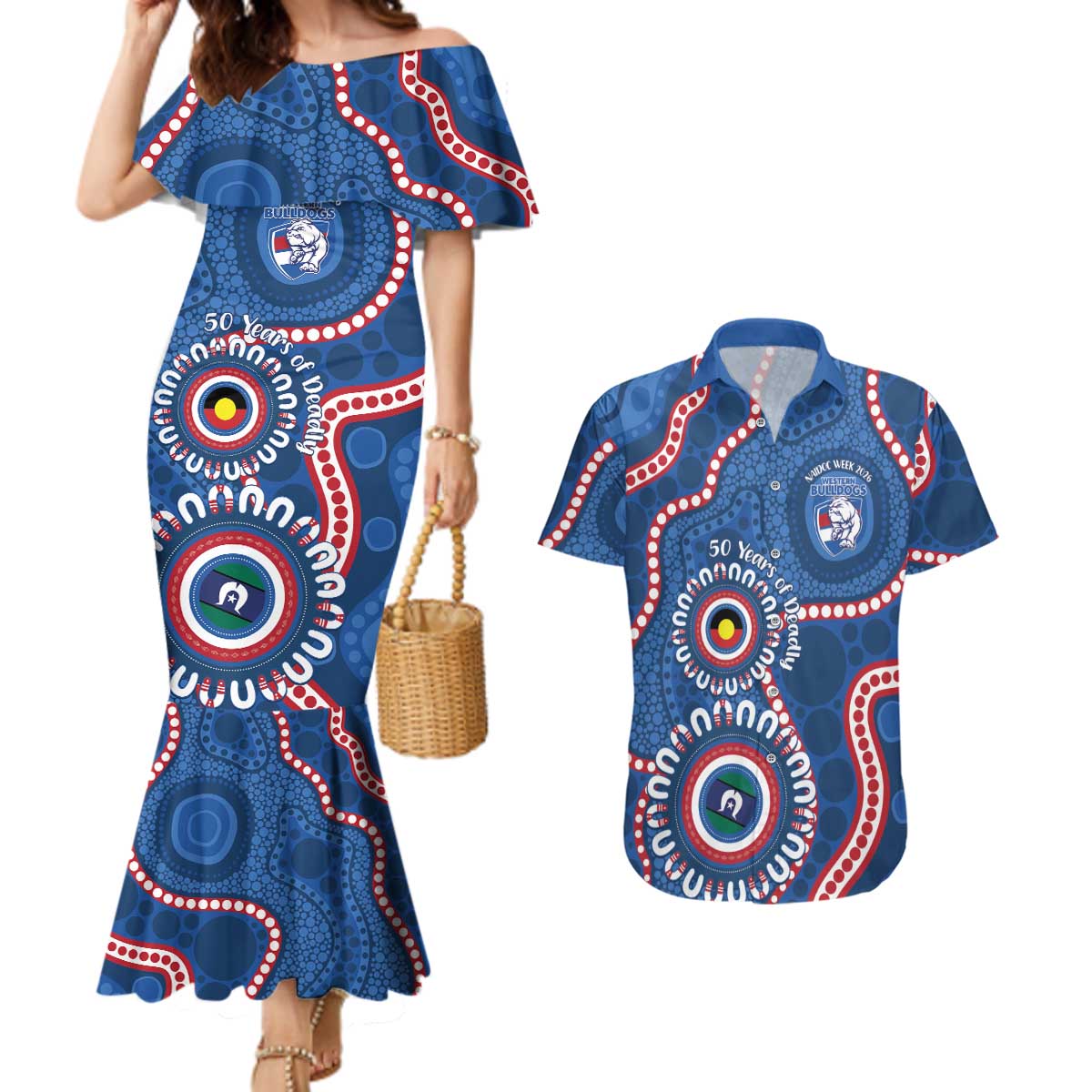 Western Bulldogs NAIDOC 2026 Personalised Couples Matching Mermaid Dress and Hawaiian Shirt 50 Years of Deadly Aboriginal Art