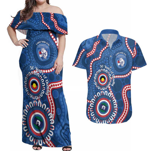 Western Bulldogs NAIDOC 2026 Personalised Couples Matching Off Shoulder Maxi Dress and Hawaiian Shirt 50 Years of Deadly Aboriginal Art