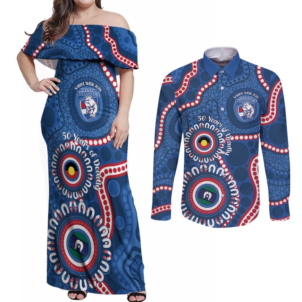 Western Bulldogs NAIDOC 2026 Personalised Couples Matching Off Shoulder Maxi Dress and Long Sleeve Button Shirt 50 Years of Deadly Aboriginal Art