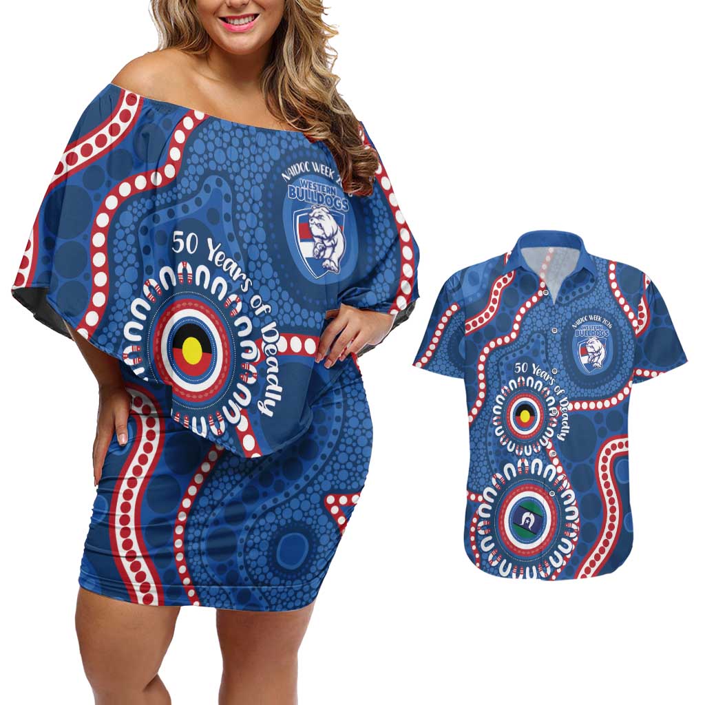 Western Bulldogs NAIDOC 2026 Personalised Couples Matching Off Shoulder Short Dress and Hawaiian Shirt 50 Years of Deadly Aboriginal Art