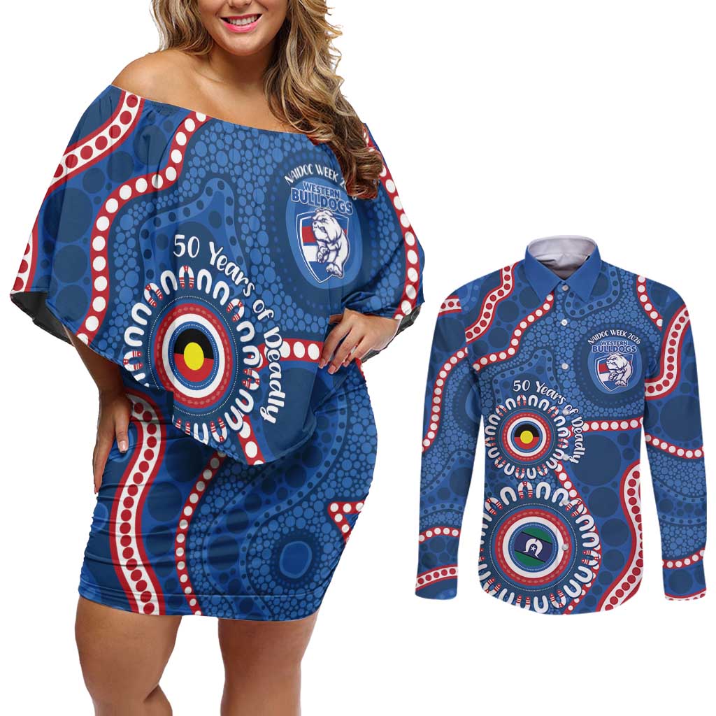 Western Bulldogs NAIDOC 2026 Personalised Couples Matching Off Shoulder Short Dress and Long Sleeve Button Shirt 50 Years of Deadly Aboriginal Art