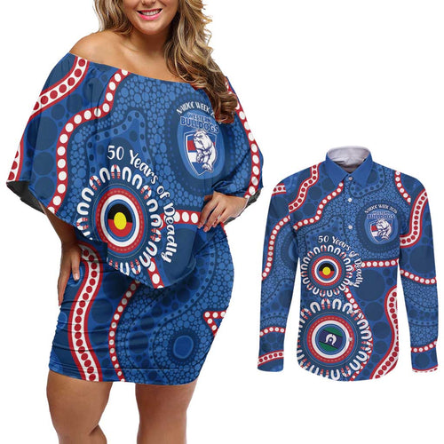 Western Bulldogs NAIDOC 2026 Personalised Couples Matching Off Shoulder Short Dress and Long Sleeve Button Shirt 50 Years of Deadly Aboriginal Art