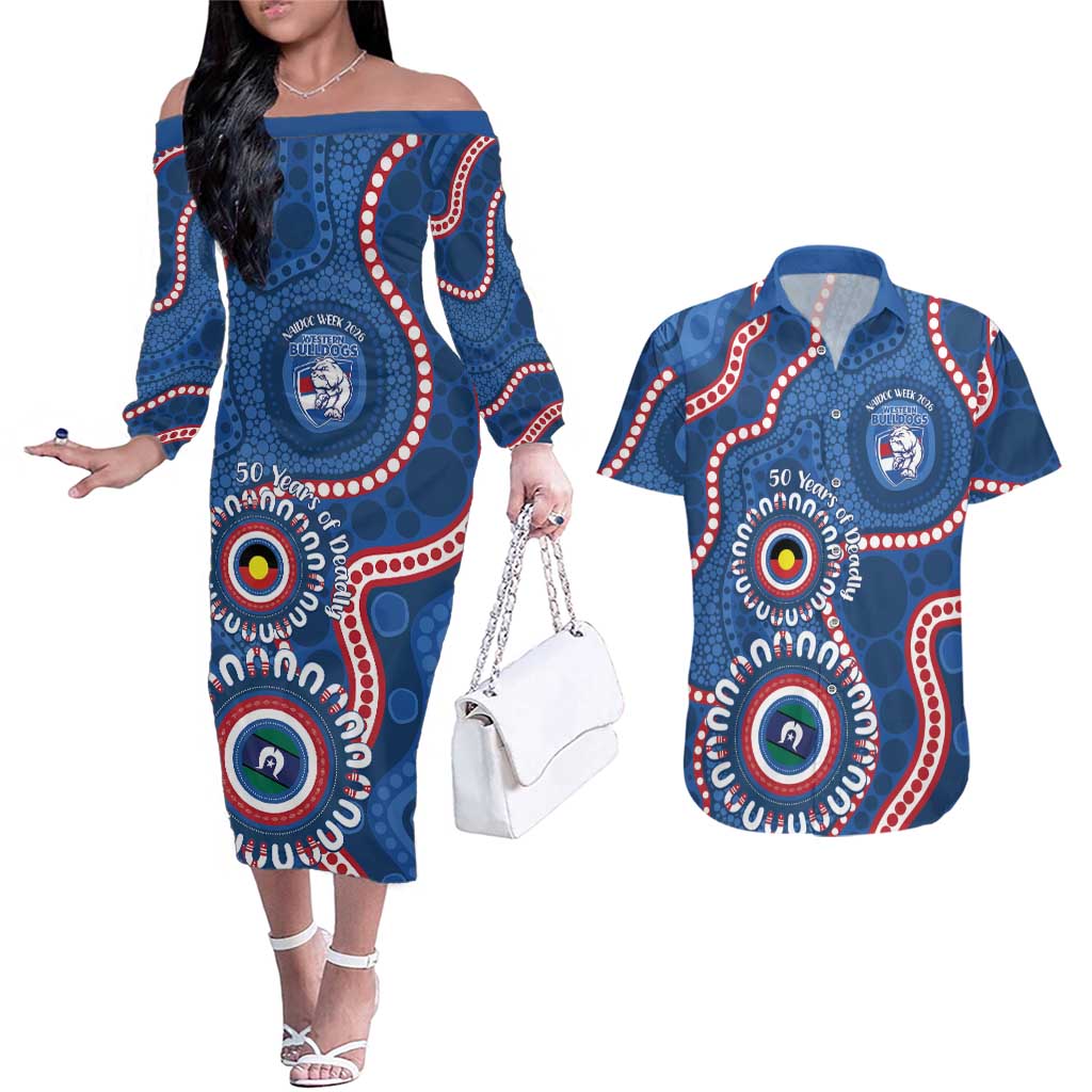 Western Bulldogs NAIDOC 2026 Personalised Couples Matching Off The Shoulder Long Sleeve Dress and Hawaiian Shirt 50 Years of Deadly Aboriginal Art