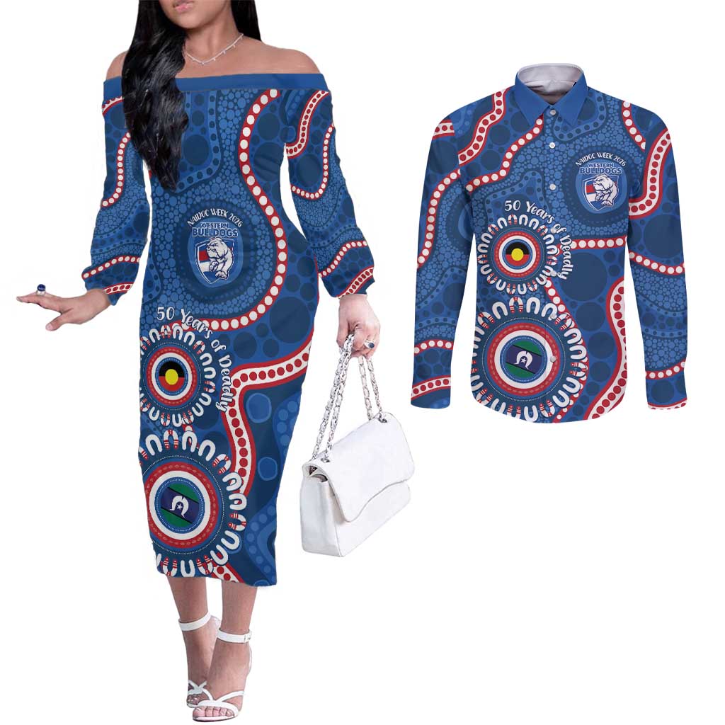Western Bulldogs NAIDOC 2026 Personalised Couples Matching Off The Shoulder Long Sleeve Dress and Long Sleeve Button Shirt 50 Years of Deadly Aboriginal Art