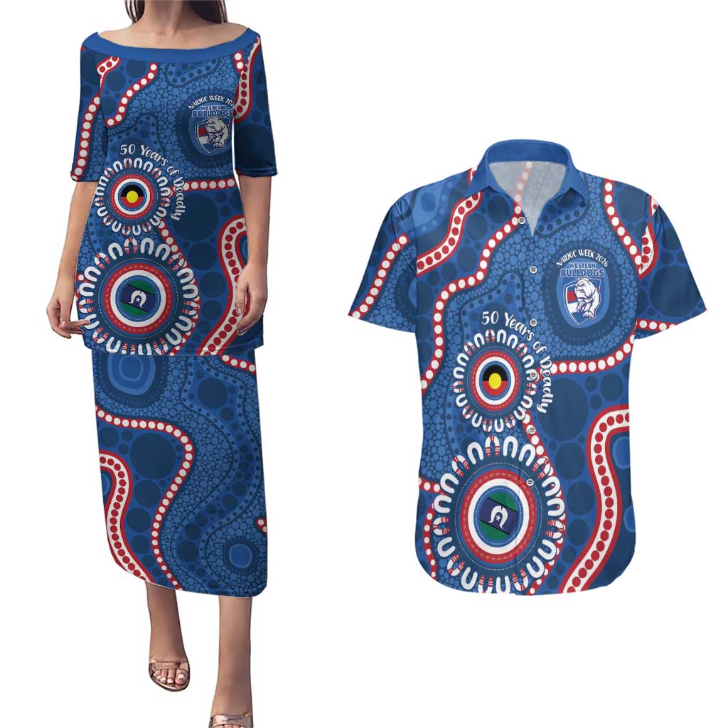 Western Bulldogs NAIDOC 2026 Personalised Couples Matching Puletasi and Hawaiian Shirt 50 Years of Deadly Aboriginal Art