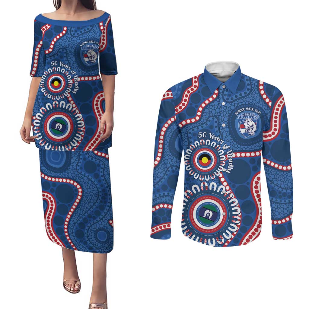 Western Bulldogs NAIDOC 2026 Personalised Couples Matching Puletasi and Long Sleeve Button Shirt 50 Years of Deadly Aboriginal Art