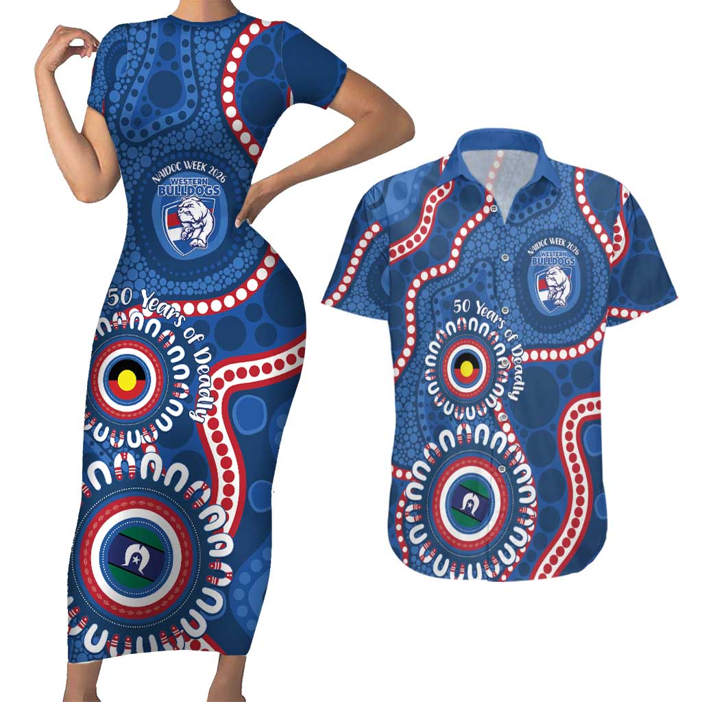 Western Bulldogs NAIDOC 2026 Personalised Couples Matching Short Sleeve Bodycon Dress and Hawaiian Shirt 50 Years of Deadly Aboriginal Art