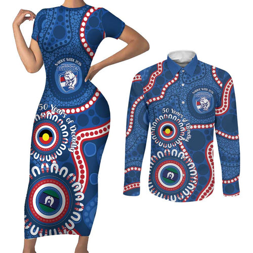 Western Bulldogs NAIDOC 2026 Personalised Couples Matching Short Sleeve Bodycon Dress and Long Sleeve Button Shirt 50 Years of Deadly Aboriginal Art