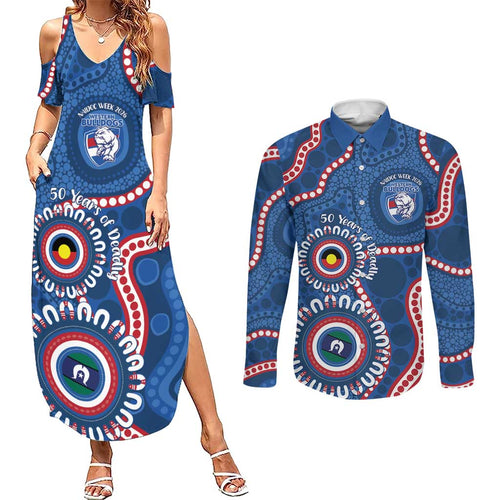 Western Bulldogs NAIDOC 2026 Personalised Couples Matching Summer Maxi Dress and Long Sleeve Button Shirt 50 Years of Deadly Aboriginal Art