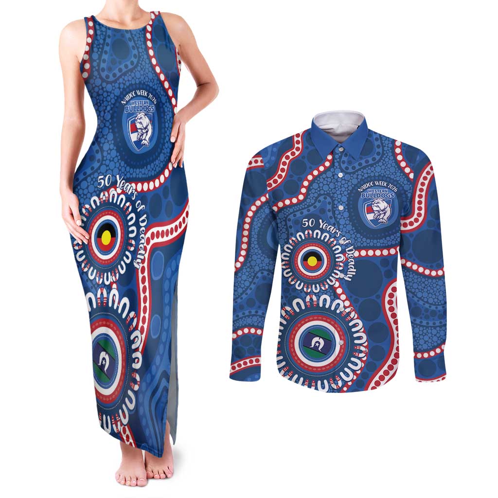 Western Bulldogs NAIDOC 2026 Personalised Couples Matching Tank Maxi Dress and Long Sleeve Button Shirt 50 Years of Deadly Aboriginal Art