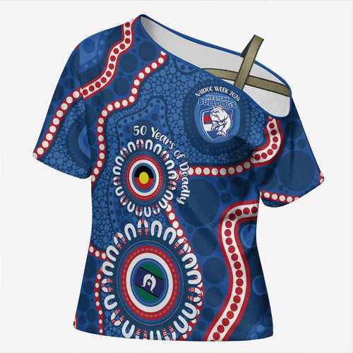 Western Bulldogs NAIDOC 2026 Personalised Cross Shoulder Shirt 50 Years of Deadly Aboriginal Art