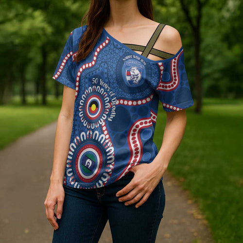 Western Bulldogs NAIDOC 2026 Personalised Cross Shoulder Shirt 50 Years of Deadly Aboriginal Art