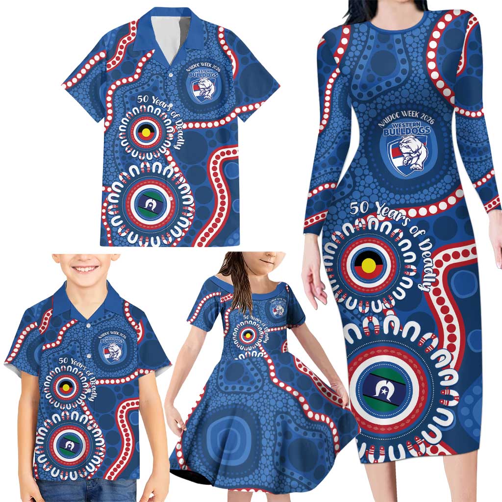 Western Bulldogs NAIDOC 2026 Personalised Family Matching Long Sleeve Bodycon Dress and Hawaiian Shirt 50 Years of Deadly Aboriginal Art
