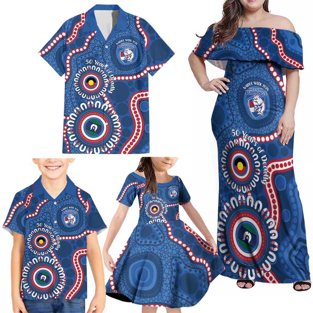 Western Bulldogs NAIDOC 2026 Personalised Family Matching Off Shoulder Maxi Dress and Hawaiian Shirt 50 Years of Deadly Aboriginal Art