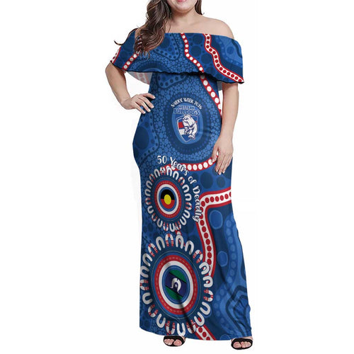 Western Bulldogs NAIDOC 2026 Personalised Family Matching Off Shoulder Maxi Dress and Hawaiian Shirt 50 Years of Deadly Aboriginal Art