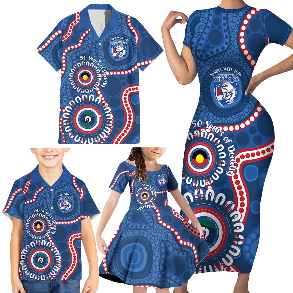 Western Bulldogs NAIDOC 2026 Personalised Family Matching Short Sleeve Bodycon Dress and Hawaiian Shirt 50 Years of Deadly Aboriginal Art