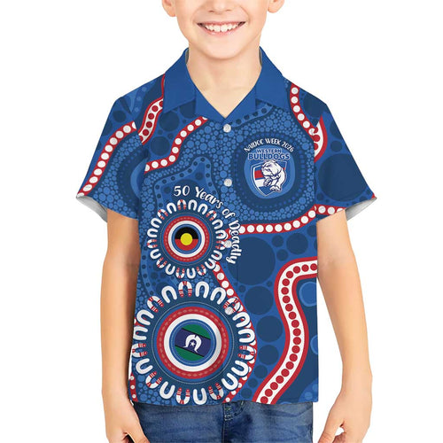 Western Bulldogs NAIDOC 2026 Personalised Family Matching Short Sleeve Bodycon Dress and Hawaiian Shirt 50 Years of Deadly Aboriginal Art