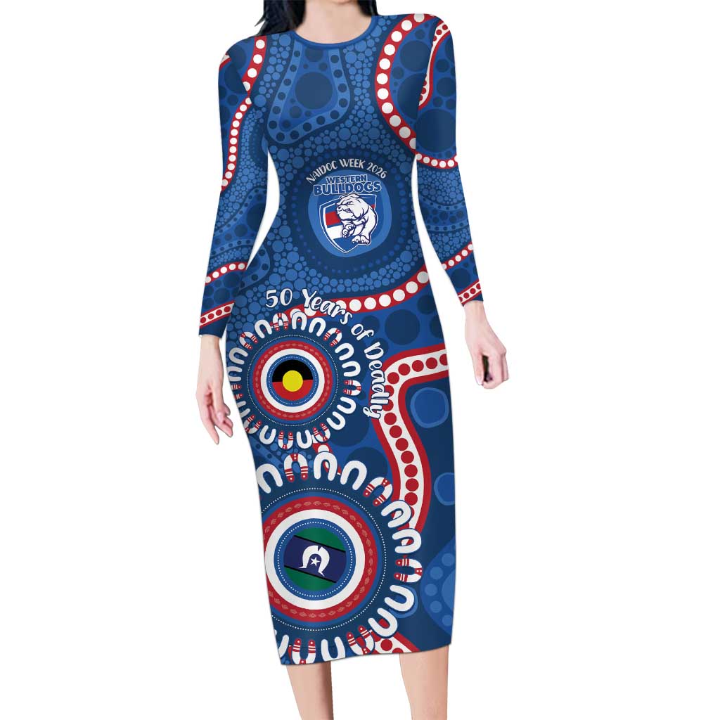 Western Bulldogs NAIDOC 2026 Personalised Long Sleeve Bodycon Dress 50 Years of Deadly Aboriginal Art