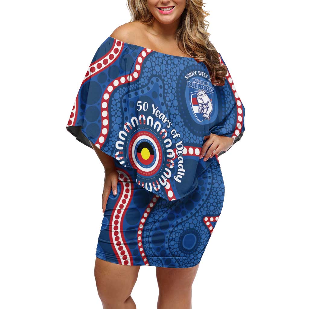 Western Bulldogs NAIDOC 2026 Personalised Off Shoulder Short Dress 50 Years of Deadly Aboriginal Art