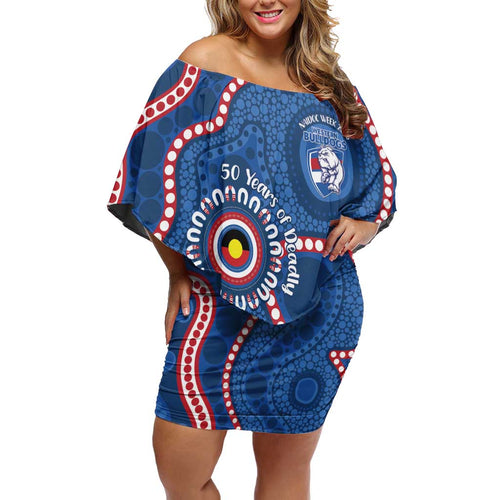Western Bulldogs NAIDOC 2026 Personalised Off Shoulder Short Dress 50 Years of Deadly Aboriginal Art