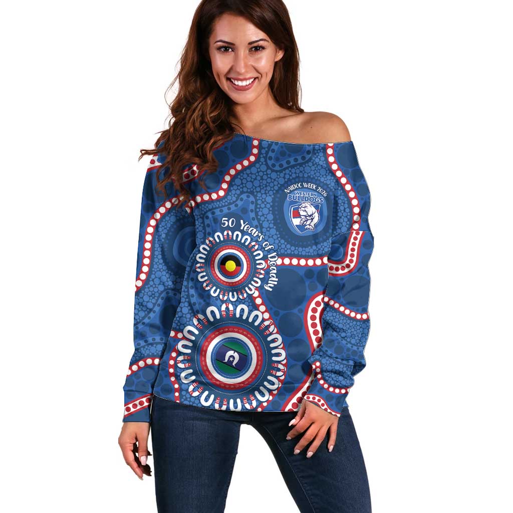 Western Bulldogs NAIDOC 2026 Personalised Off Shoulder Sweater 50 Years of Deadly Aboriginal Art