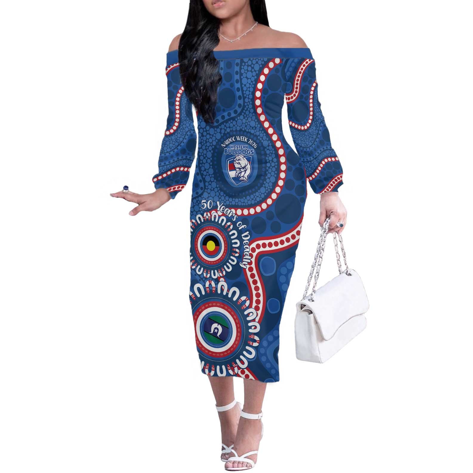 Western Bulldogs NAIDOC 2026 Personalised Off The Shoulder Long Sleeve Dress 50 Years of Deadly Aboriginal Art