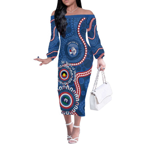 Western Bulldogs NAIDOC 2026 Personalised Off The Shoulder Long Sleeve Dress 50 Years of Deadly Aboriginal Art