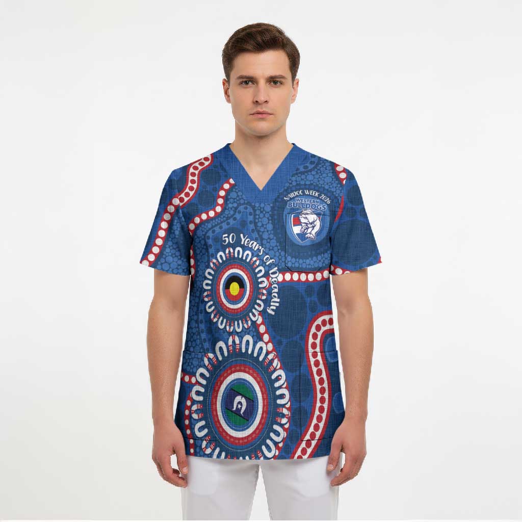 Western Bulldogs NAIDOC 2026 Personalised Scrub Top 50 Years of Deadly Aboriginal Art