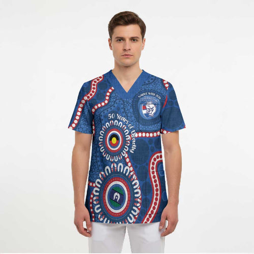 Western Bulldogs NAIDOC 2026 Personalised Scrub Top 50 Years of Deadly Aboriginal Art