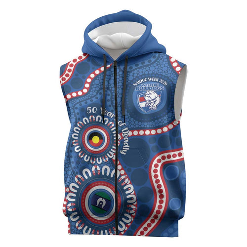 Western Bulldogs NAIDOC 2026 Personalised Sleeveless Zip Hoodie 50 Years of Deadly Aboriginal Art