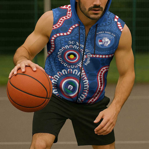 Western Bulldogs NAIDOC 2026 Personalised Sleeveless Zip Hoodie 50 Years of Deadly Aboriginal Art