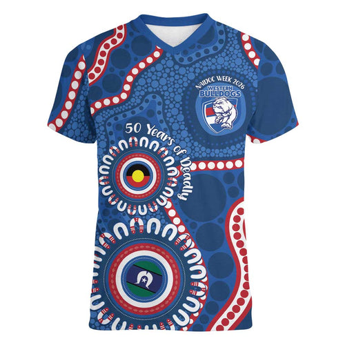 Western Bulldogs NAIDOC 2026 Personalised Women V-Neck T-Shirt 50 Years of Deadly Aboriginal Art