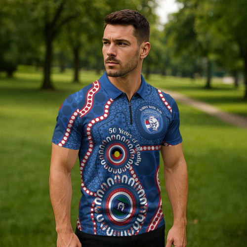 Western Bulldogs NAIDOC 2026 Personalised Zipper Polo Shirt 50 Years of Deadly Aboriginal Art
