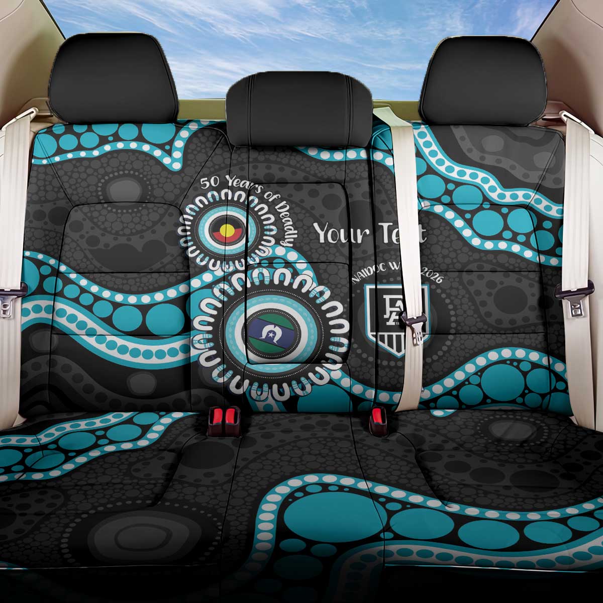 Port Adelaide NAIDOC 2026 Personalised Back Car Seat Cover 50 Years of Deadly Aboriginal Art