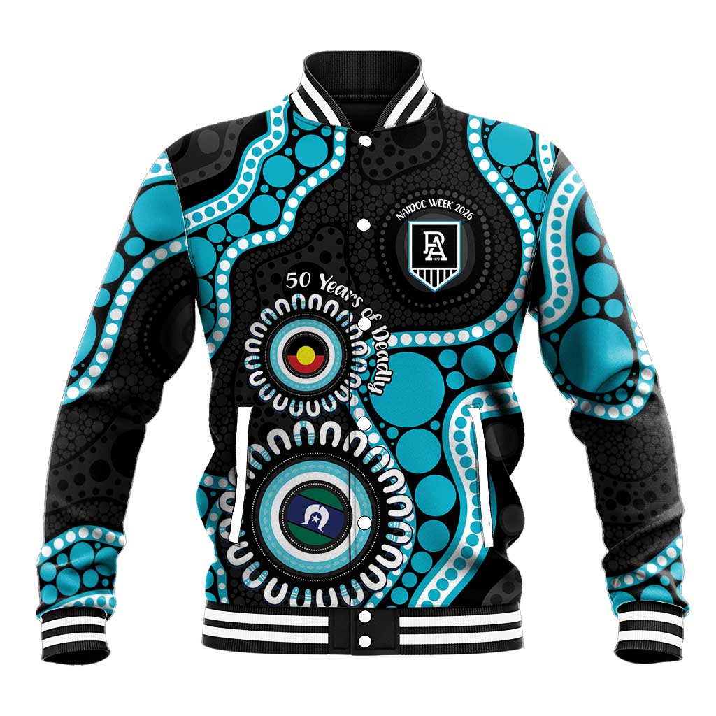 Port Adelaide NAIDOC 2026 Personalised Baseball Jacket 50 Years of Deadly Aboriginal Art