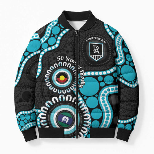Port Adelaide NAIDOC 2026 Personalised Bomber Puffer Jacket 50 Years of Deadly Aboriginal Art